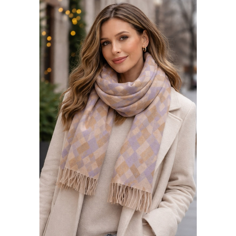 J.Crew 100% Wool Scarf Geometric Plaid Lavender Tan Fringe 19” X 76”